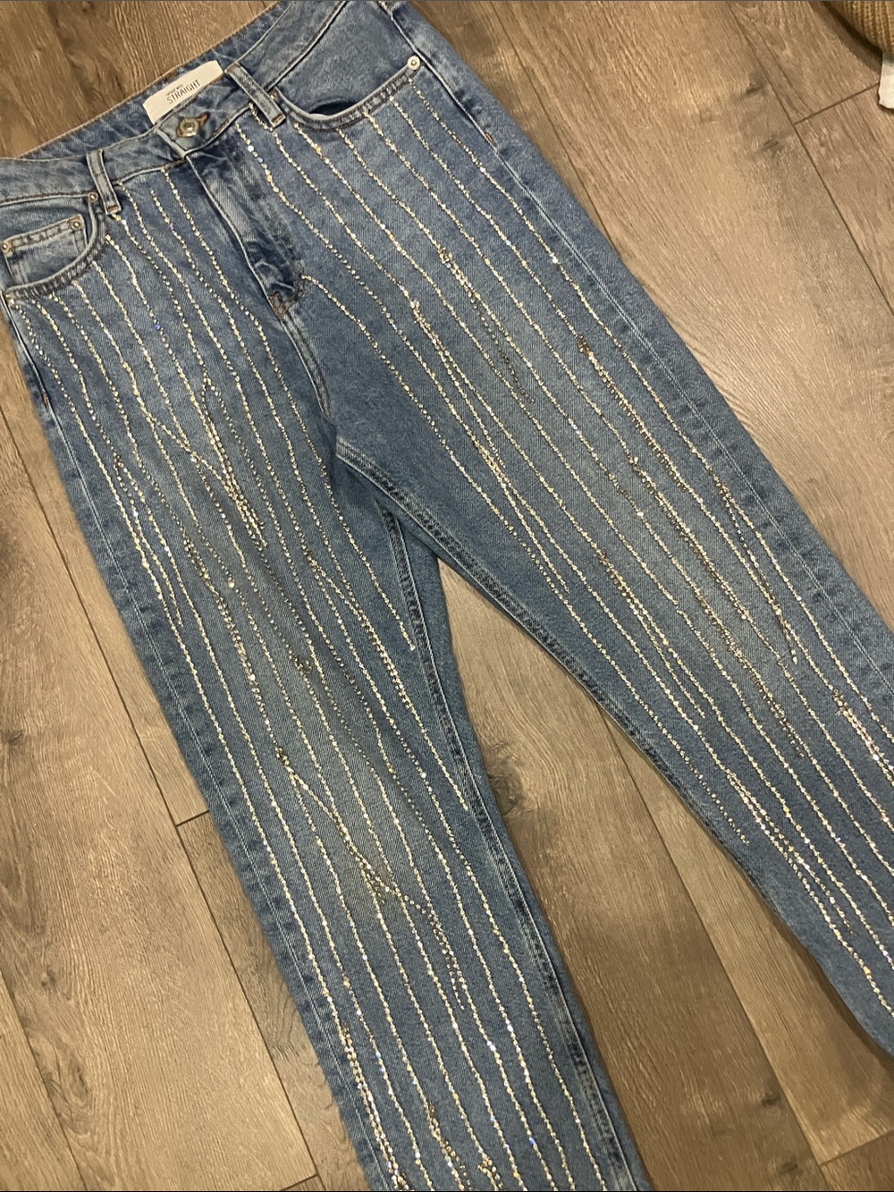 Topshop Moto Straight-Leg Jeans with  Rhinestone Fringe, 28 inch waist